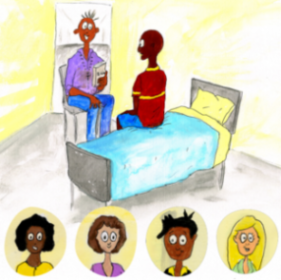 Illustration of a young man in a hospital room, talking to a church minister.