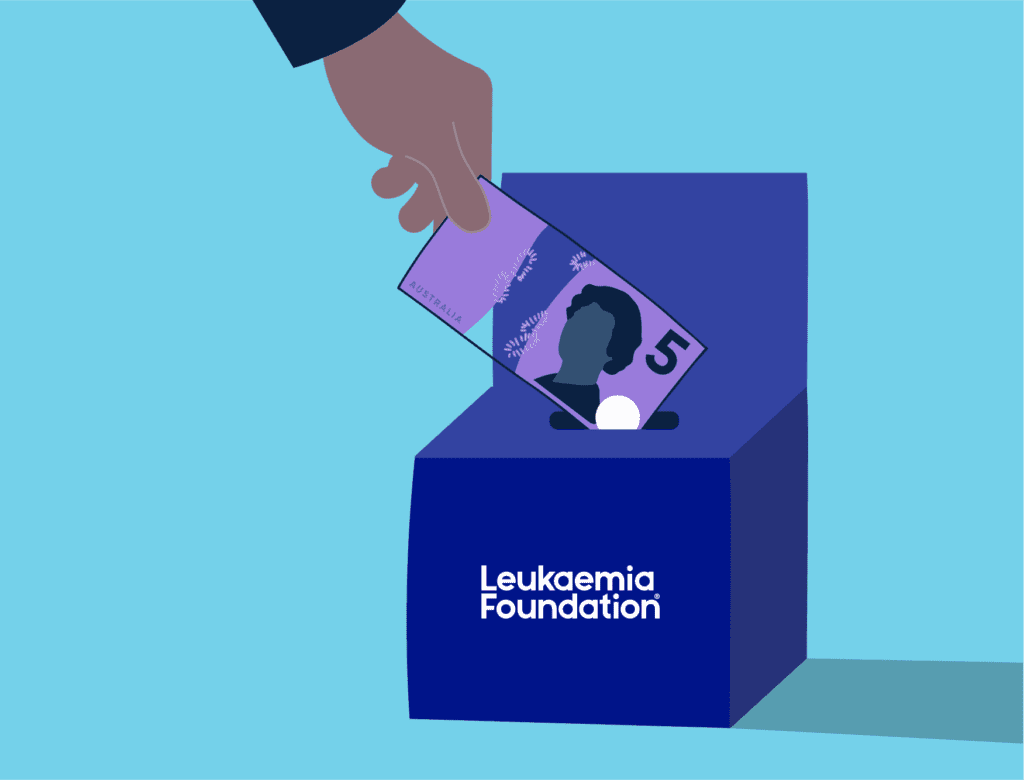 Illustration of a hand putting money into a Leukaemia Foundation donation box