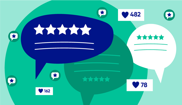 Illustration of speech bubbles, social icon comments, and shares