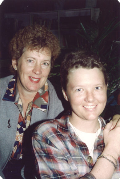 Judi Haidley with her bone marrow donor and second cousin, Sandra Veitch (behind), after finally coming home from the transplant back in 1993.