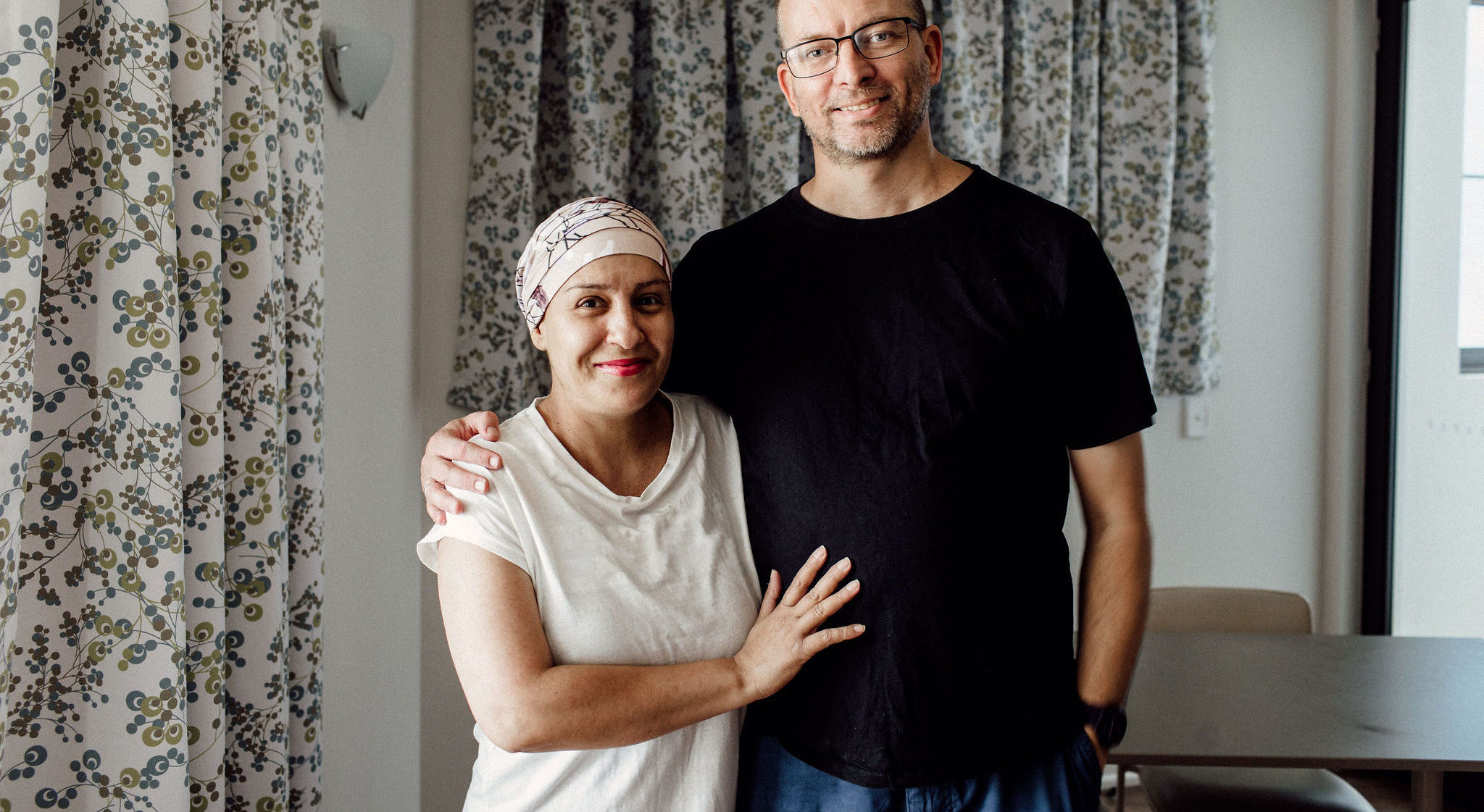 Neda Master, 47, Myeloma with her partner in a Leukaemia Foundation unit