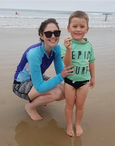 Lisa with Jackson on the beach at Torquay, January 2019.