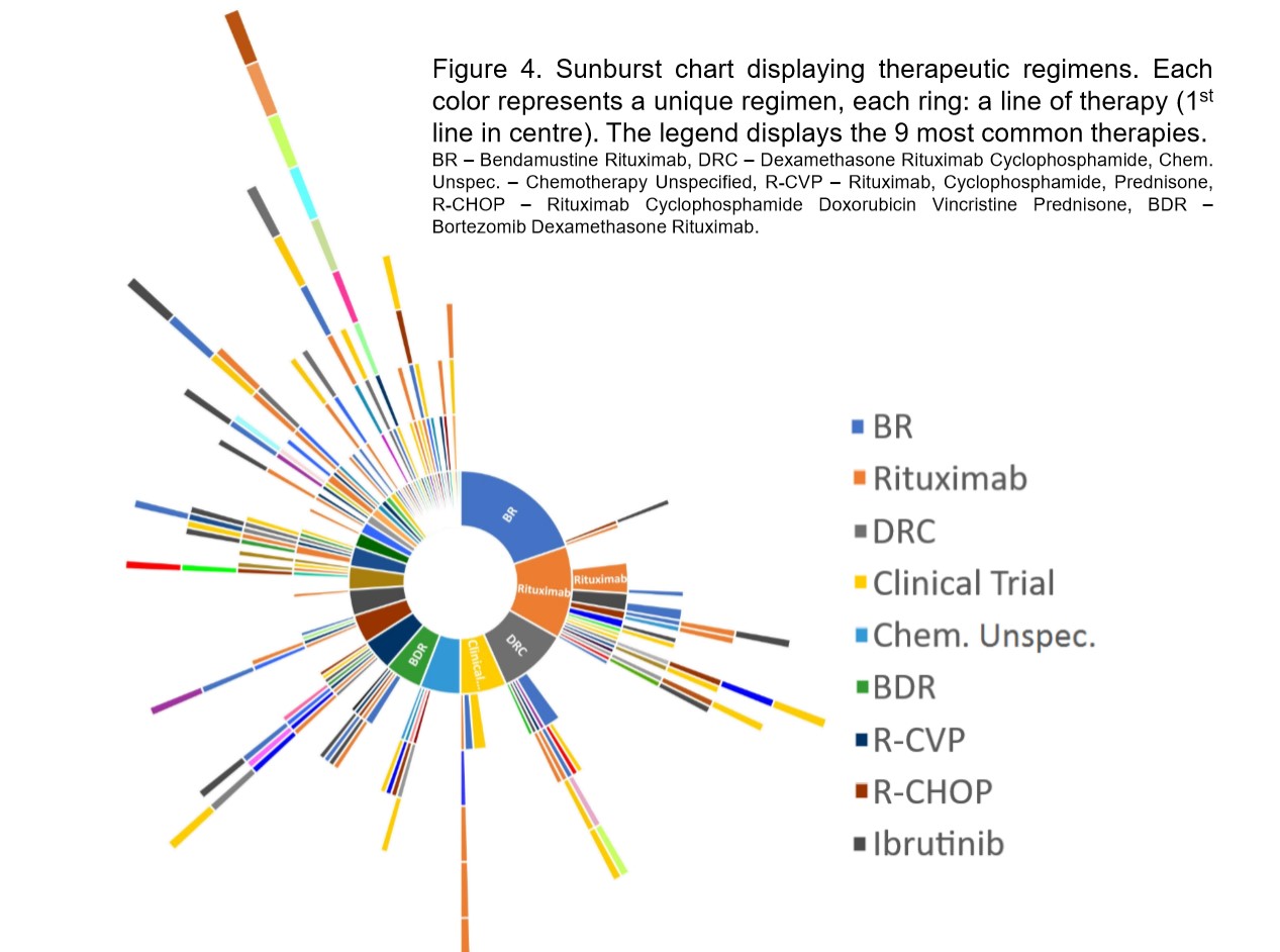 Sunburst chart showing treatment diversity – 41 unique first-line combinations entered by 238 patients. 