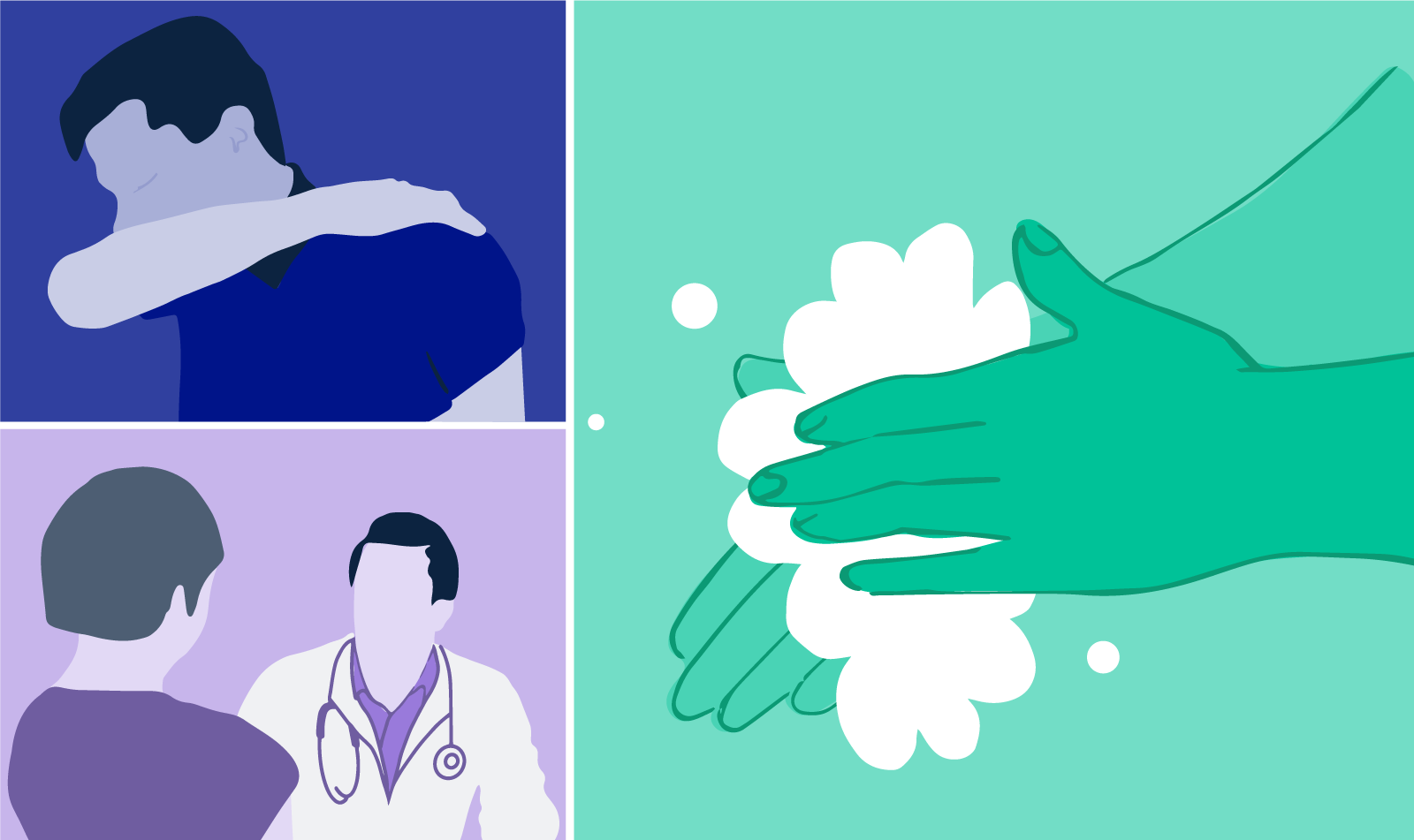 Illustration of someone washing hands, coughing, and talking to a health professional