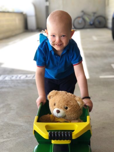 Smiling young child pushes a teddy bear in a toy truck