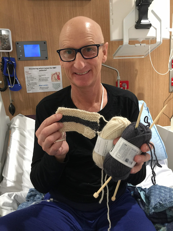 Geoffrey Hamilton knitting in hospital