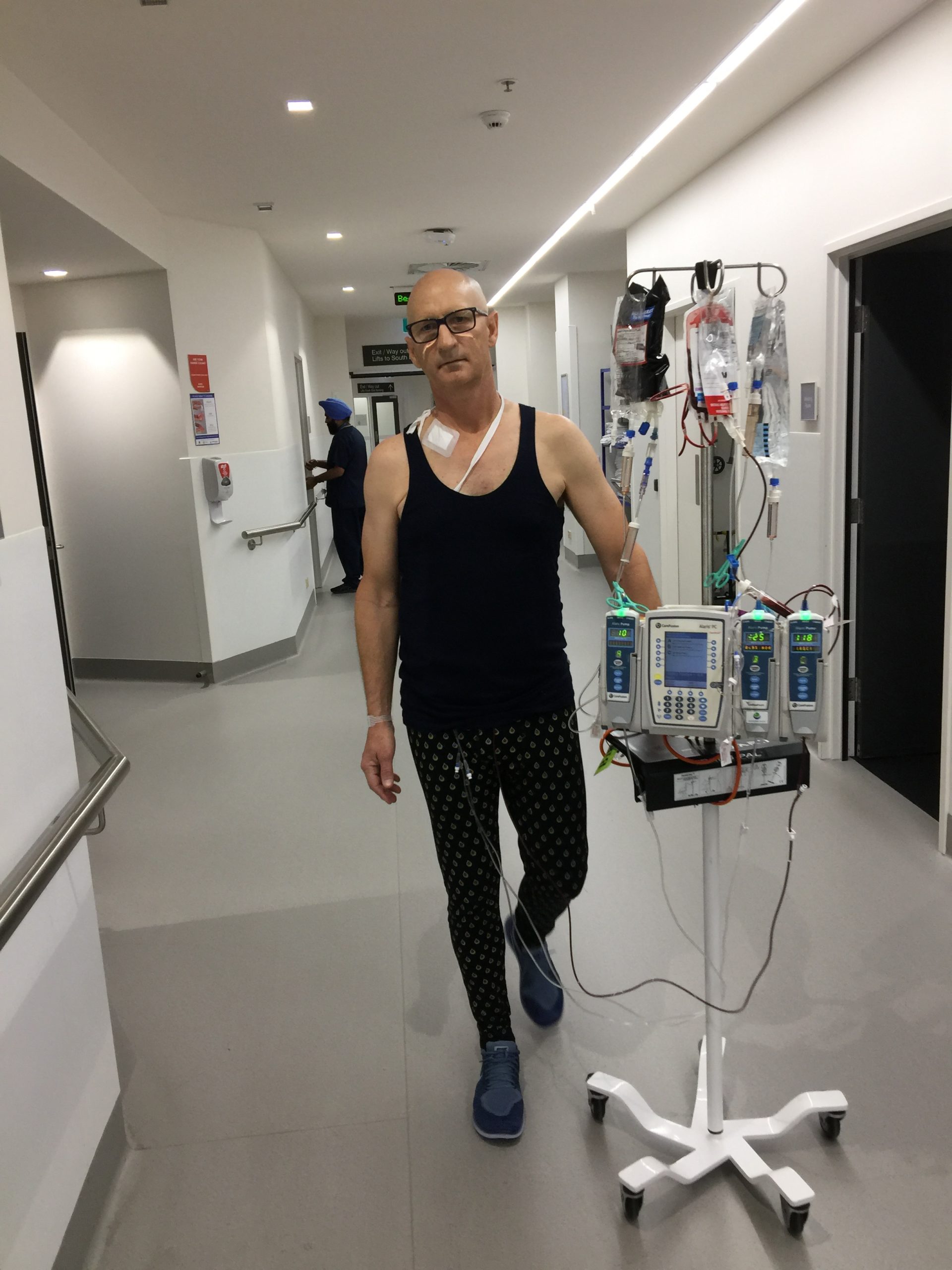 Geoffrey Hamilton exercising in hospita