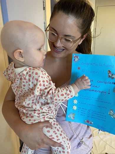 Elowen with mum, Bronwyn celebrating the completion of her treatment.