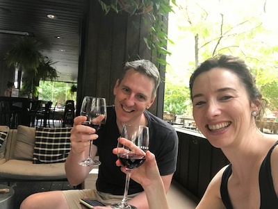 Steph and Nigel Eliot on day of diagnosis with a glass of red