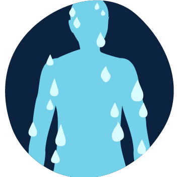 Illustration of a person's body with little water droplets, signifying sweat, all over it