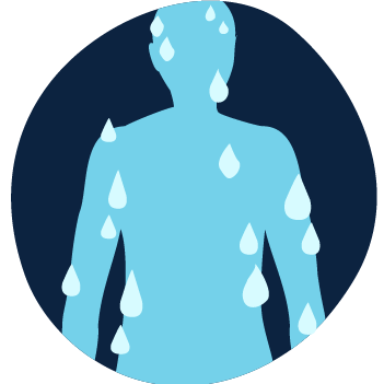 Illustration of a person's body with little water droplets, signifying sweat, all over it