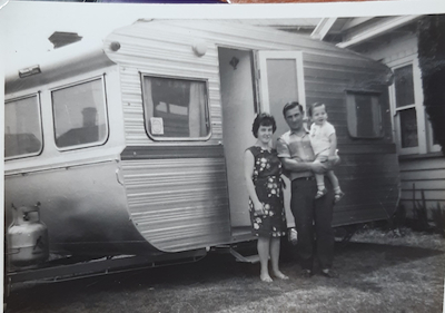 Jean and Kevin in their first caravan
