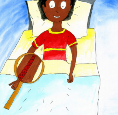 Illustration of a young man lying in bed. A magnifying glass is showing what the inside of his bones look like.