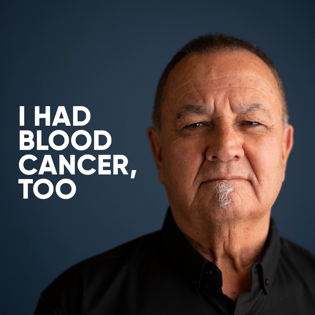 Image of a man staring seriously into the camera, with the words I had blood cancer, too beside him