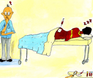 Illustration of a young man asleep in a hospital bed. Nearby, a doctor watches over him.