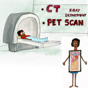Illustration of a young man about to enter a CT scan machine in the hospital