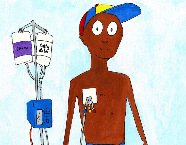 Illustration of a young man with a medical IV beside him