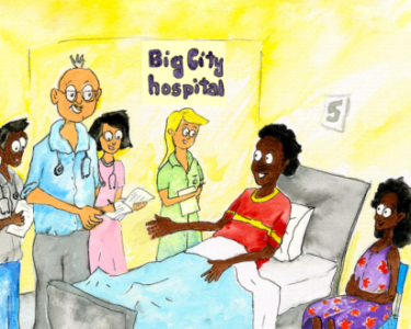 An illustration of an indigenous man in bed, with a family member sitting beside him and a doctor standing by, talking to them