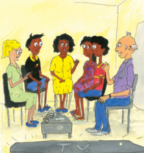 A group of health workers and other helpers talking in a hospital room