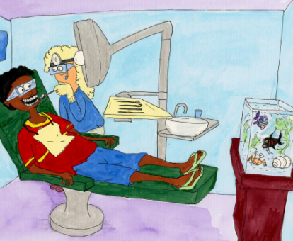 Illustration of a young man in the dentist chair, with a dentist looking into his mouth.