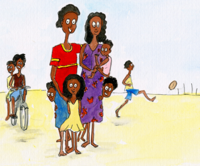 Illustration of a young man and his partner, with a group of smiling children around them playing.