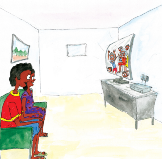 Illustration of a young man and a family member. They are on a video call with the young man's family.