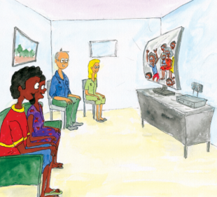 Illustration of a young man and a family member, with a doctor sitting beside them. They are on a video call with the young man's family.