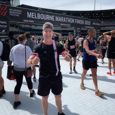 Giles Purbrick completing Melbourne Marathon