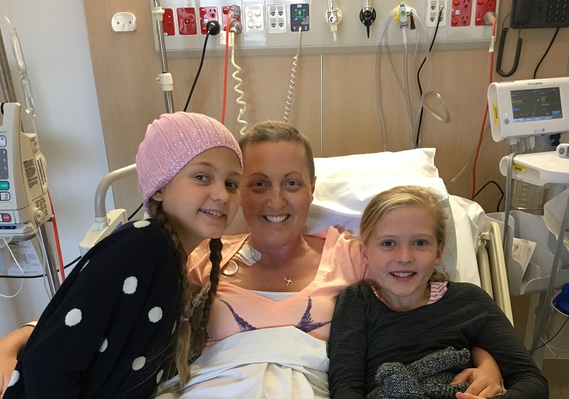 Theresa with her daughters, Summer and Jessi, on the day of her stem cell transplant