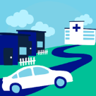 white car driving towards a hospital