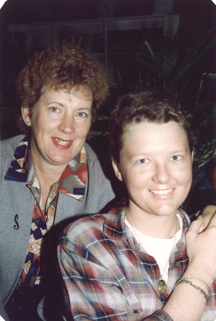 Judi Haidley with her bone marrow donor and second cousin, Sandra Veitch (behind), after finally coming home from the transplant back in 1993.