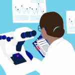 Illustration of a scientist in a lab coat looking into a microscope, holding a clipboard with test tubes and notes. Graphs are visible on the wall in the background.