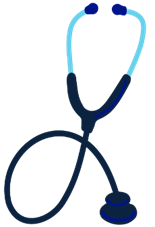 A dark blue and light blue stylised illustration of a stethoscope on a black background.