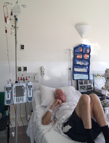 “Sucking a lolly to help with mouth ulcers while watching the transplant fluid,” said Don as his donor’s stem cells were infused