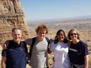 Dr Forsyth, hiking in Ethiopia with her husband, James Rogers, son, Harry Rogers, and daughter-in-law, Subeta Vimalarajah