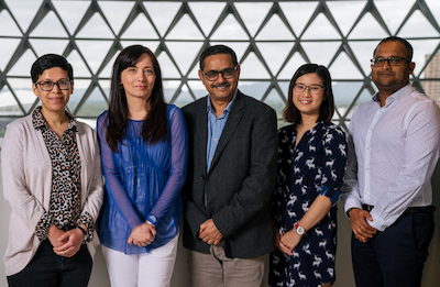 Dr Devendra Hiwase, centre, Group Leader of the MDS/AML Research Group with, from left, Rakchha Chhetri (database manager), Monika Kutyna (PhD student), Amillia Wee (research assistant), and Dr Deepak Singhal (consultant haematologist)