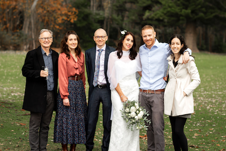 Ilaria’s wedding day in May 2021. From left, Professor Tim Hughes, colleague, Verity Saunders, Associate Professor David Ross, husband, Sam Woodhouse, and former colleague and friend, Teresa Sadras