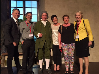 Dr Noemi Horvath with fellow amyloidosis specialists at the 15th International Symposium on Amyloidosis conference dinner at Uppsala (Sweden) in July 2016, from left, Dr Simon Gibbs, Assoc. Prof. Peter Mollee, the evening’s entertainer, Dr Fiona Kwok, Dr Noemi Horvath, and Pat Neely
