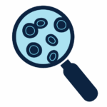 A stylized illustration of a dark blue magnifying glass with a light blue lens, showing several dark blue circular shapes with light blue outlines, representing cells or microbes.