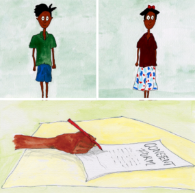 Three illustrations together: one of a young man, one of a girl, and one of someone signing a consent form