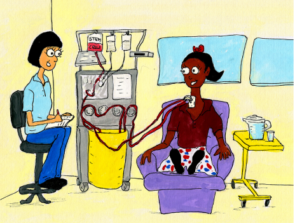 Illustration of a girl sitting in a hospital chair, having her blood collected by the blood spinning machine