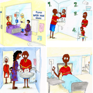 Four illustrations together: one of someone in a hospital bed; one of someone brushing their teeth; one of two people washing their hands.