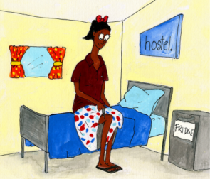 Illustration of a girl sitting on a hostel bed