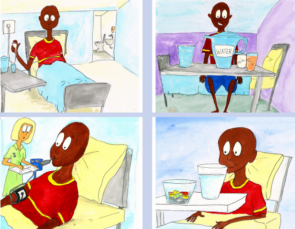 Four illustrations: one of a young man in a hospital bed, looking worried; one of him drinking water; one of him having his temperature taken; and one of him with a cup of tablets.