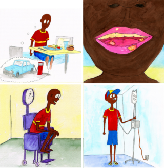 Four illustrations: a patient eating food in hospital; a close up of a blistered mouth; a patient weighing themselves; and a patient with a feeding tube going into their nose.