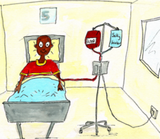 Illustration of a young man in a hospital bed, with a blood bag beside him.