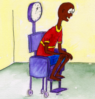 Illustration of a young man sitting on a weighing chair.