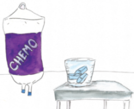 Illustration of an IV bag with the words 'chemo' written on it