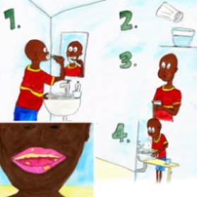 Illustration of a young man brushing his teeth, and then rinsing his mouth with salt water.