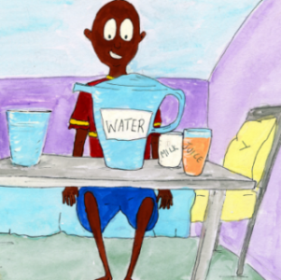 Illustration of a young man with a large jug of water in front of him, plus a cup of milk and cup of juice.
